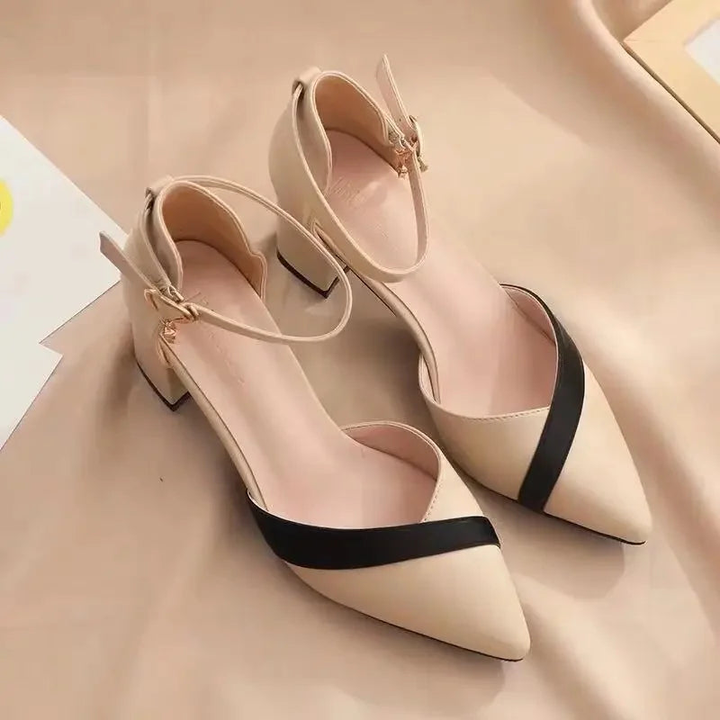 Block Heel Ankle Strap Pumps | Contrast Band | Pointed Toe