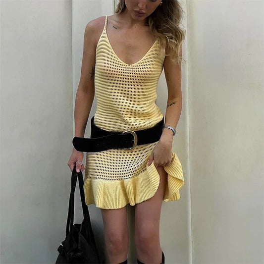Hollow See Through Knit Mini Dress