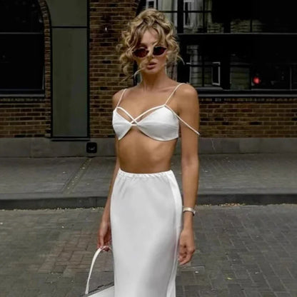Fold One Shoulder Long Skirt Two Piece Set