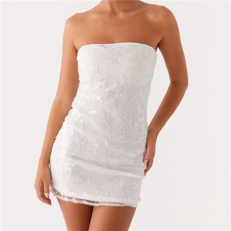 Sequin Strapless Glitter Floral Dress