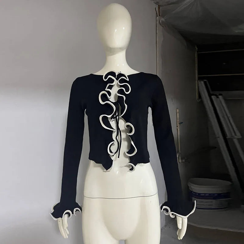 Elegant Slim Ruffle Lace Up Blouse Women Vintage Patchwork Hollow Out Short Cardigan Female Autumn Fashion Street Knitwear