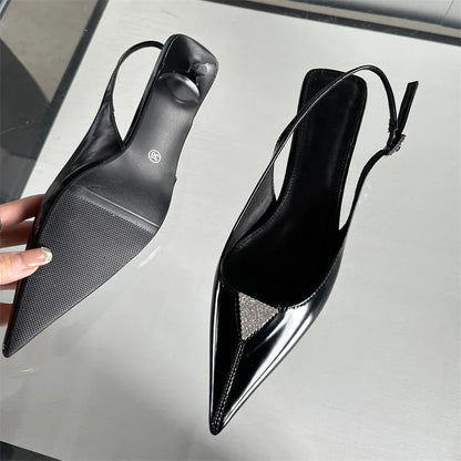 Crystal Pointed Toe Women Pumps with Designer Low Heels Sandals