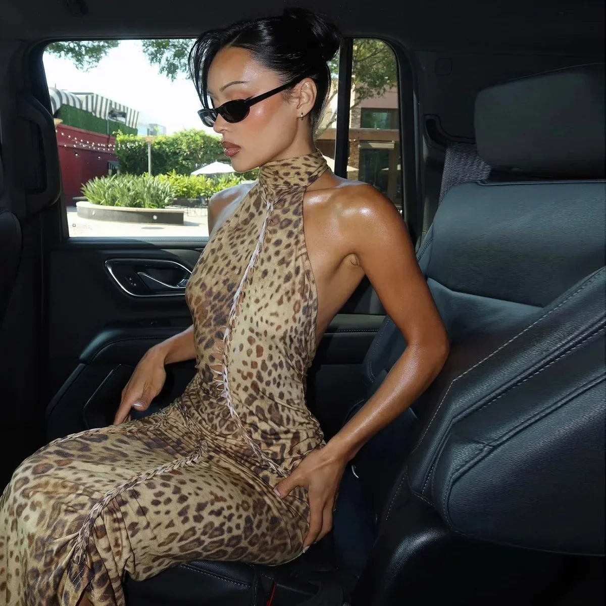 Halter Leopard Embellished Long Dress