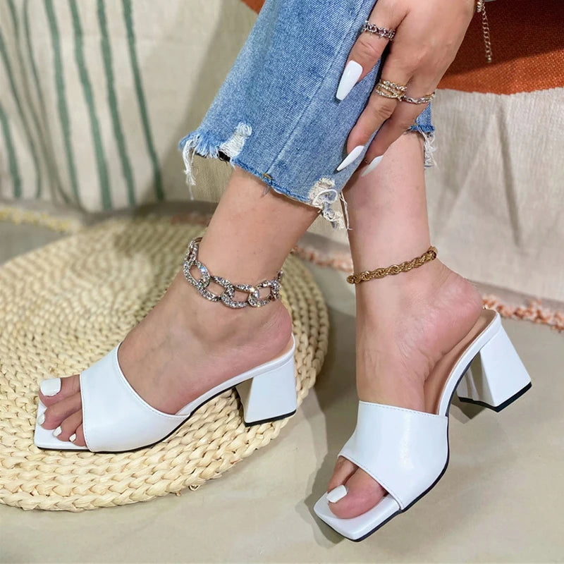 Cozy Leather Women Slippers Sandals with Open Toe and Low Square Heels