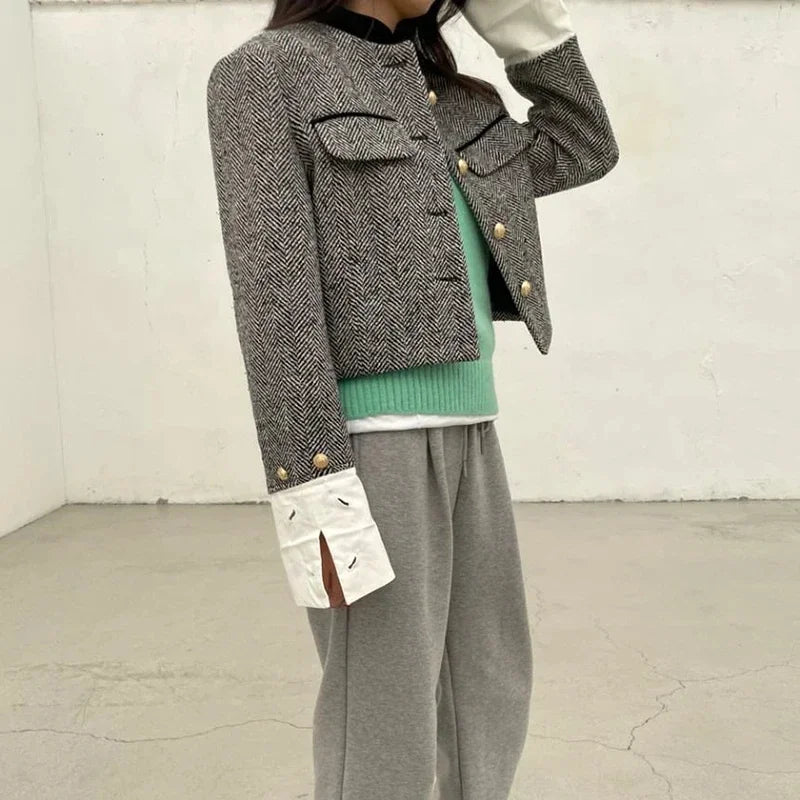 Plaid Metal Button Cropped Coat