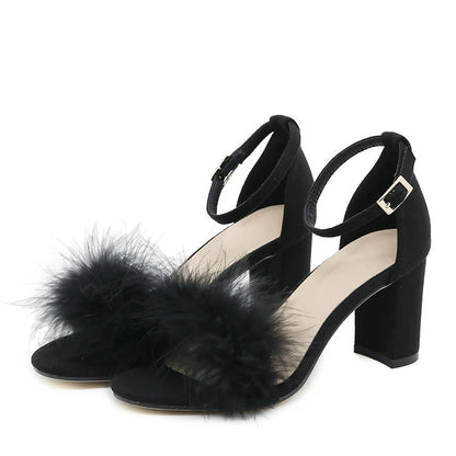 Summer Gladiator Sandals with Fluffy Peep Toe and Low Square High Heels for Women