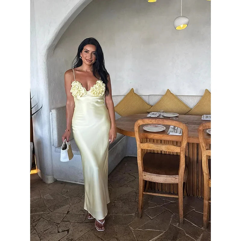 3D Flower Solid V-neck Mid Prom Dress