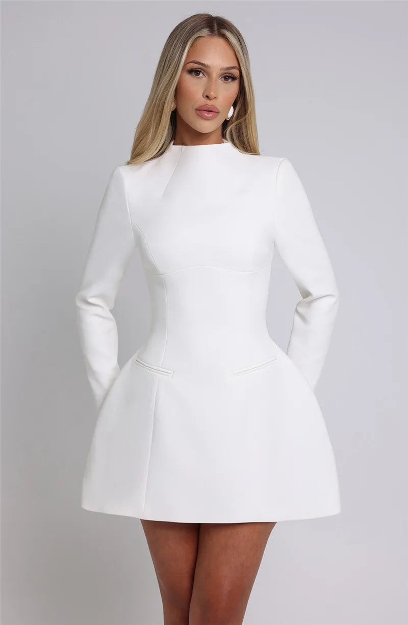 | White High Neck Long Sleeve Mini Dress