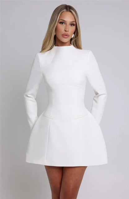 | White High Neck Long Sleeve Mini Dress
