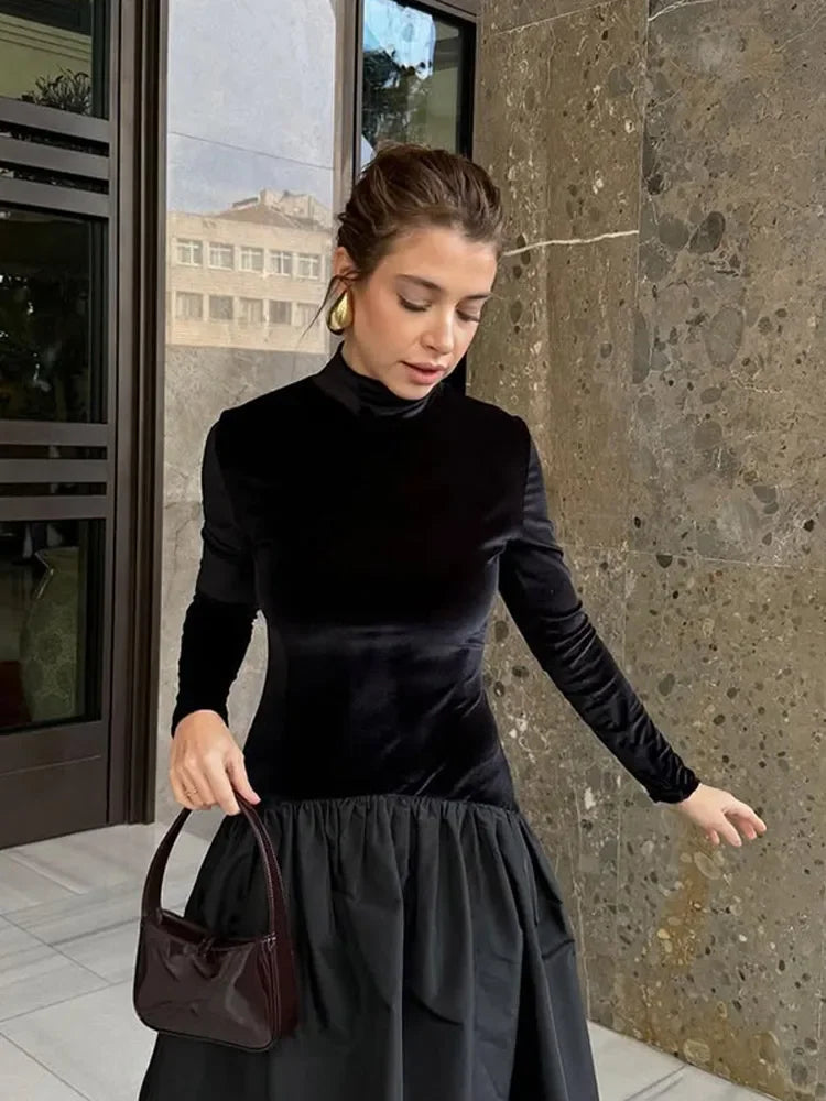 Mock Neck Long Sleeve Velvet Bodice Bubble Hem Midi Dress