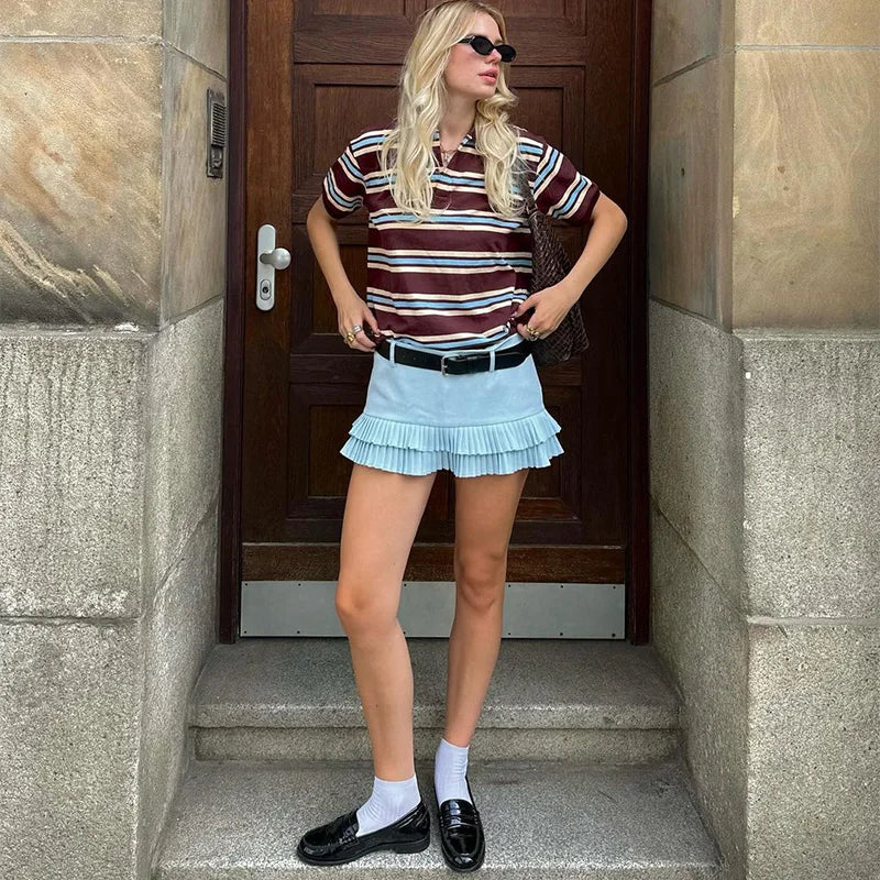Fashion Stripe Women's T-shirt Casual Short Sleeve Female All Match Polo Shirts Summer New Ladies Loose Tops High Street