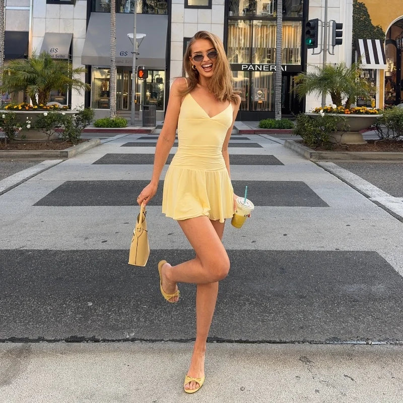 V Neck Off Shoulder A Line Mini Dress