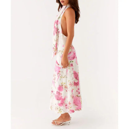 Cowl Neck Floral Halter Vacation Dress