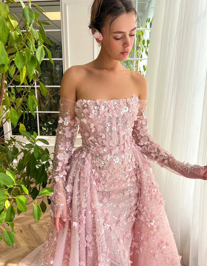 3D Flowers Evening Dress with Overskirt Long Sleeves