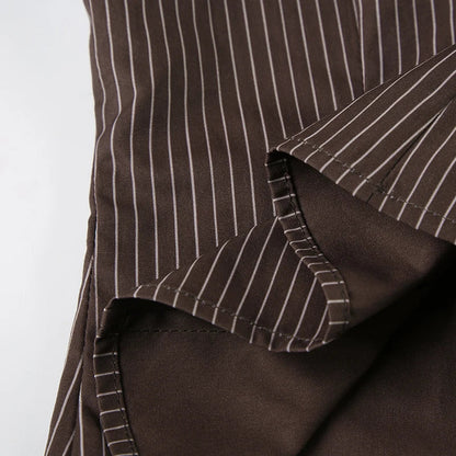 Vintage Brown Striped Blouse Women Fashion High Street Fitted Tee Shirt 2000s Casual Button Top Ladies Fall Outfits