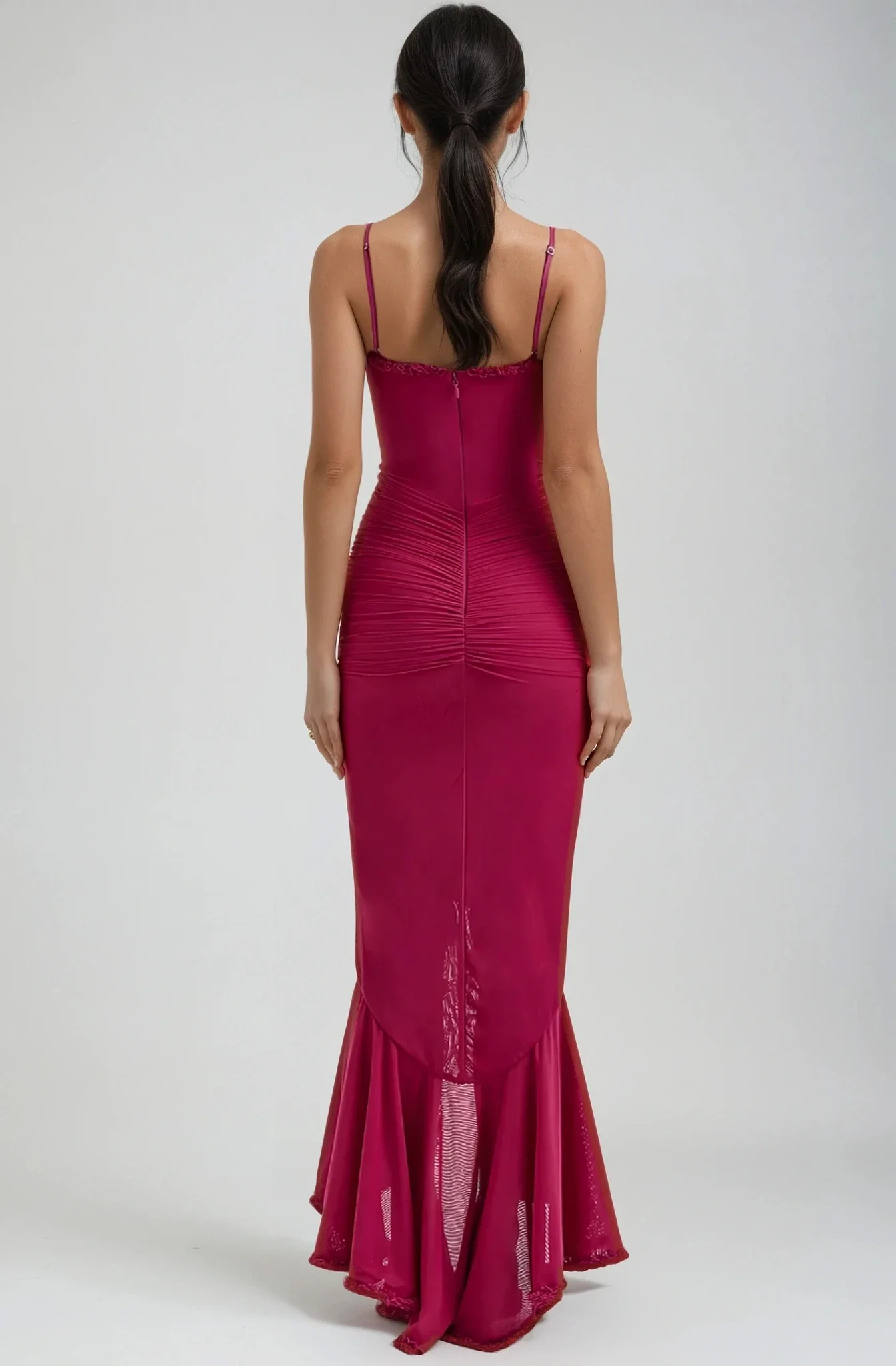 Étoile Ruffle Satin Maxi Dress | Spaghetti Straps, Waterfall Front, Train Hem