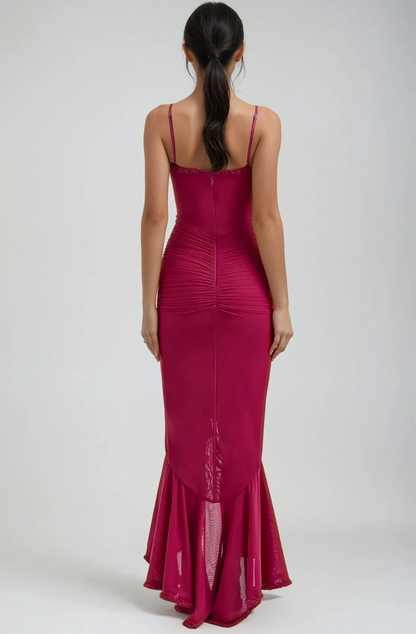 Étoile Ruffle Satin Maxi Dress | Spaghetti Straps, Waterfall Front, Train Hem