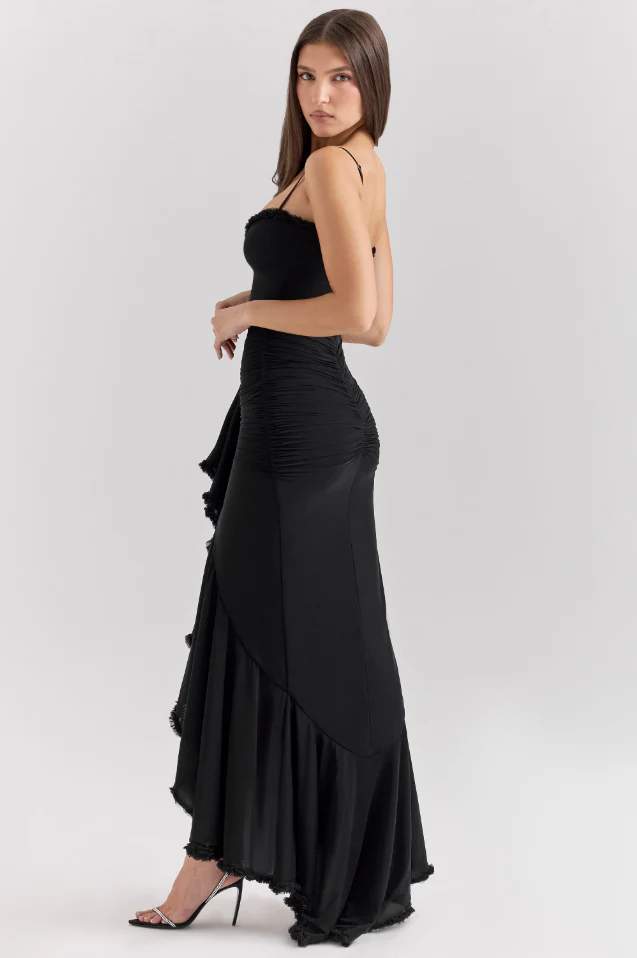 Étoile Ruffle Satin Maxi Dress | Spaghetti Straps, Waterfall Front, Train Hem