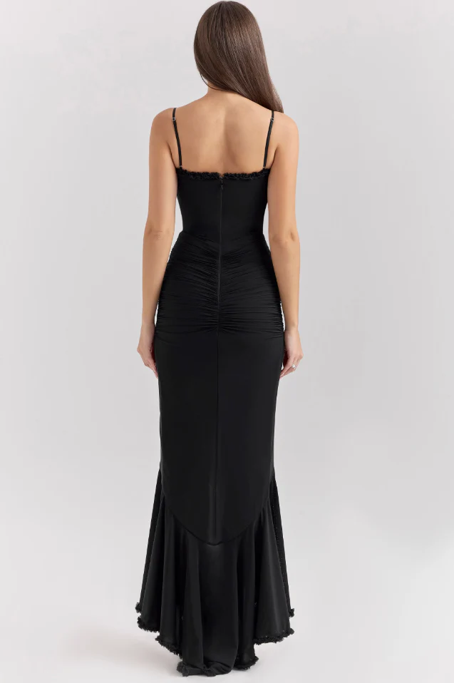 Étoile Ruffle Satin Maxi Dress | Spaghetti Straps, Waterfall Front, Train Hem