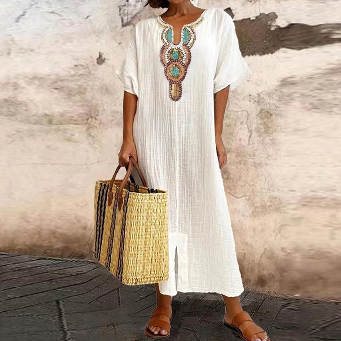 Embroidered V-Neck Crinkled Gauze Short Sleeve Kaftan Maxi Dress