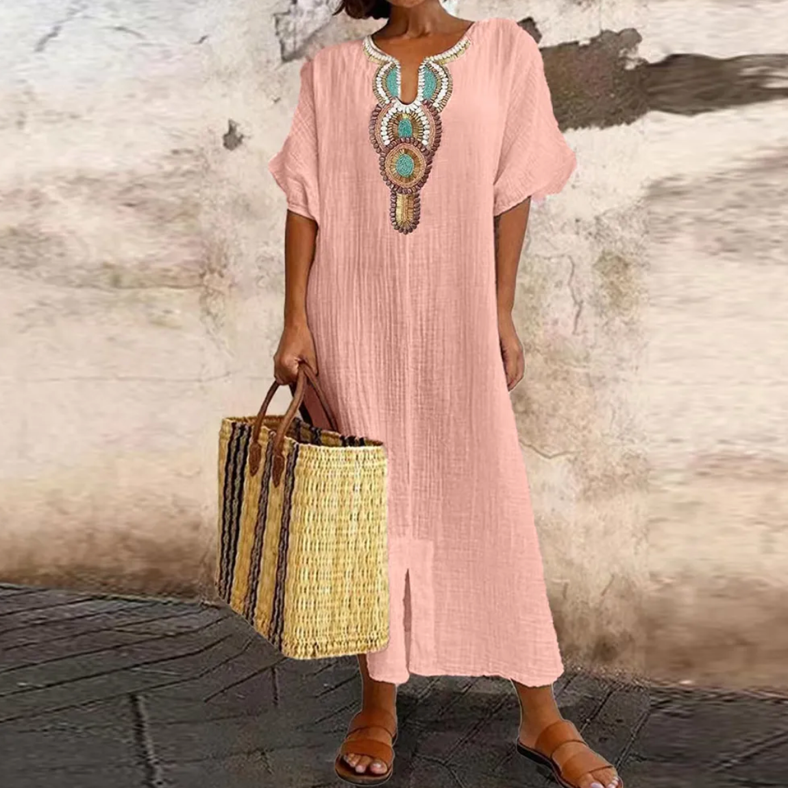 Embroidered V-Neck Crinkled Gauze Short Sleeve Kaftan Maxi Dress