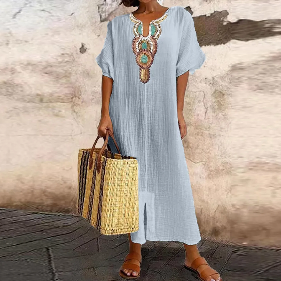 Embroidered V-Neck Crinkled Gauze Short Sleeve Kaftan Maxi Dress
