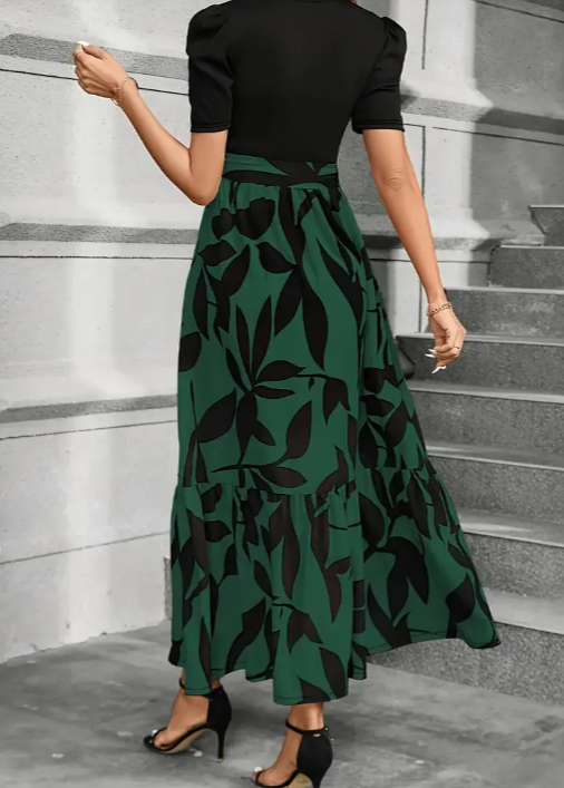 Puff Sleeve Crew Neck Abstract Floral Print Tie Waist Tiered Maxi Dress