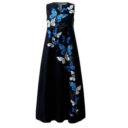 Butterfly Print Notched V-Neck Side Pocket Flowy Maxi Dress
