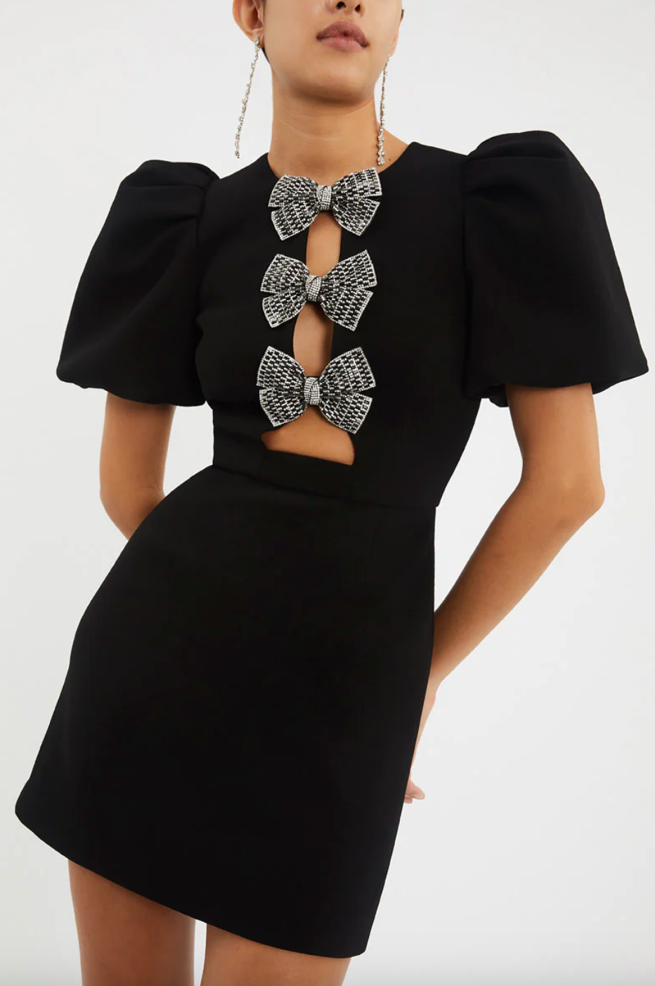 Round Neck Puff Sleeve Rhinestone Bow Cutout Bodycon Mini Dress
