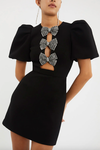 Round Neck Puff Sleeve Rhinestone Bow Cutout Bodycon Mini Dress