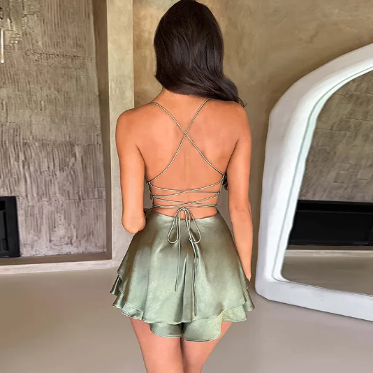 Satin Spaghetti Strap Square Neck Tiered Ruffle Skater Mini Dress