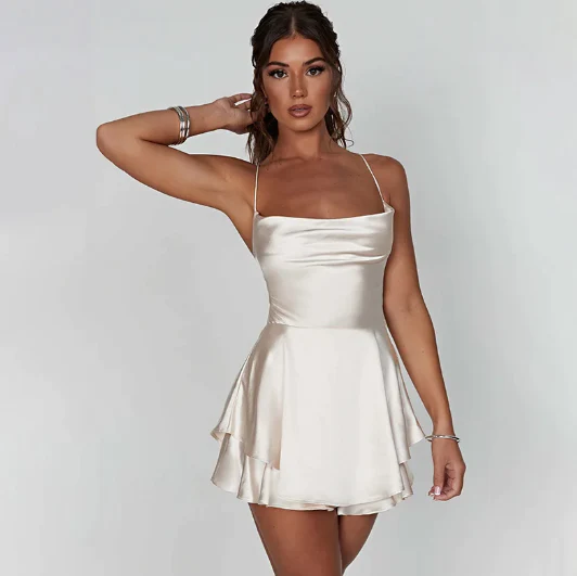 Satin Spaghetti Strap Square Neck Tiered Ruffle Skater Mini Dress