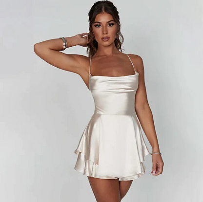 Satin Spaghetti Strap Square Neck Tiered Ruffle Skater Mini Dress