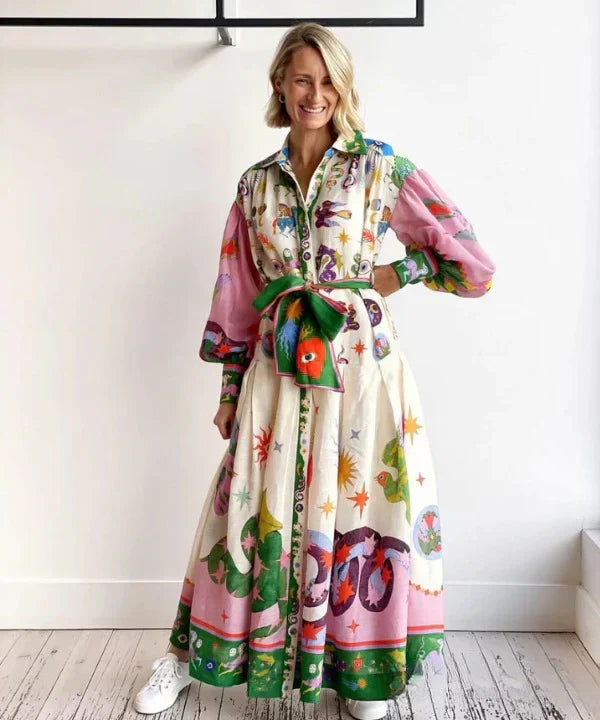 Graphic Print Puff Sleeve Button Front Belted Maxi Shirt Dress