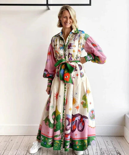 Graphic Print Puff Sleeve Button Front Belted Maxi Shirt Dress