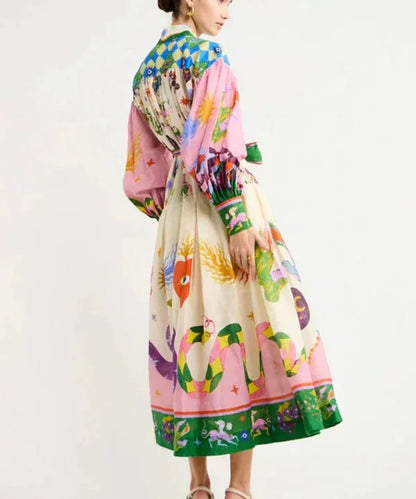 Graphic Print Puff Sleeve Button Front Belted Maxi Shirt Dress