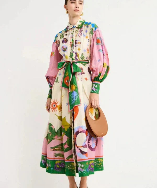 Graphic Print Puff Sleeve Button Front Belted Maxi Shirt Dress