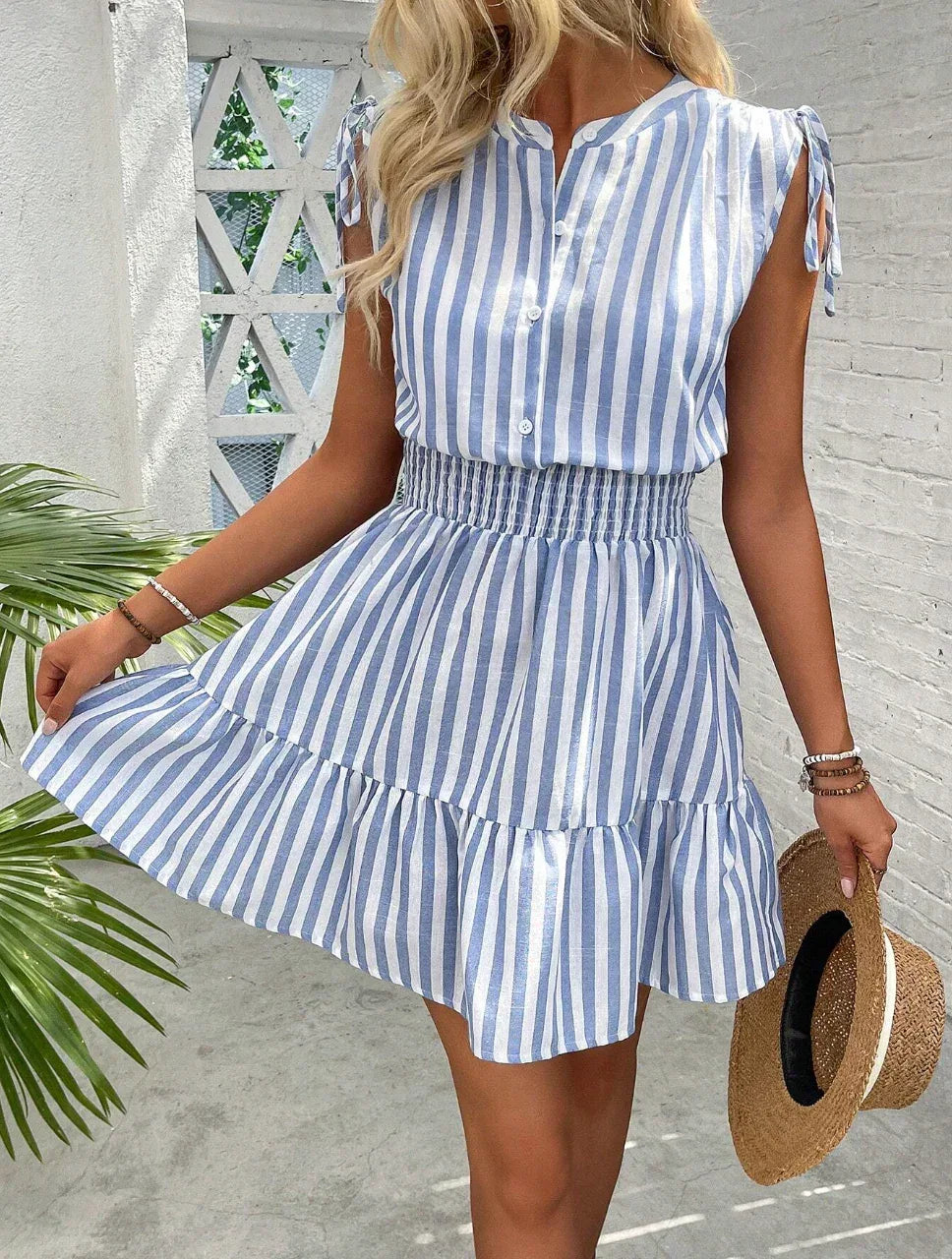 Blue and White Striped Sleeveless Summer Dress