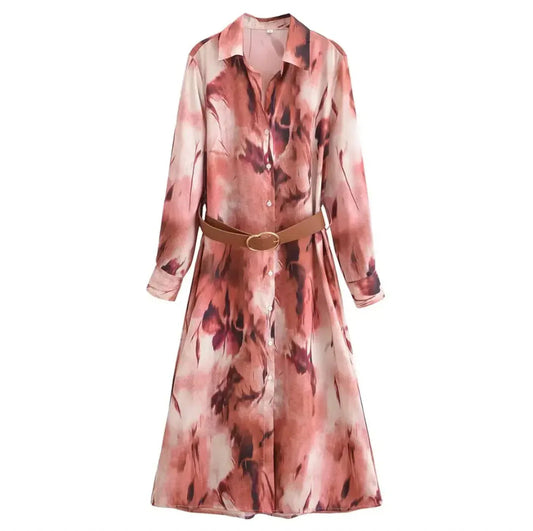 Women's Long Sleeve Floral Shirt Dress with Belt – Button Down Midi Style