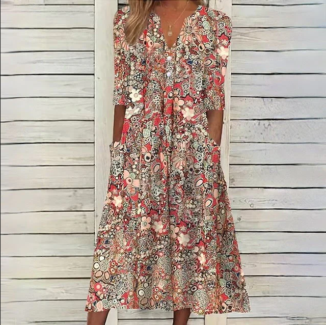 V-Neck Button Front Half Sleeve Paisley Print Pocket Midi Dress