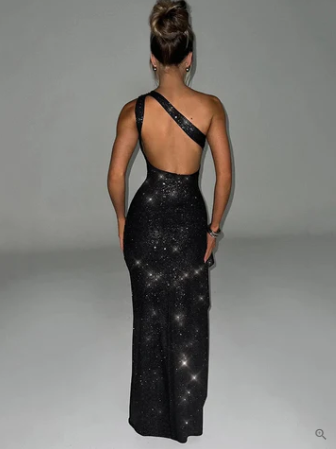 Glitter One-Shoulder Open Back Column Maxi Dress