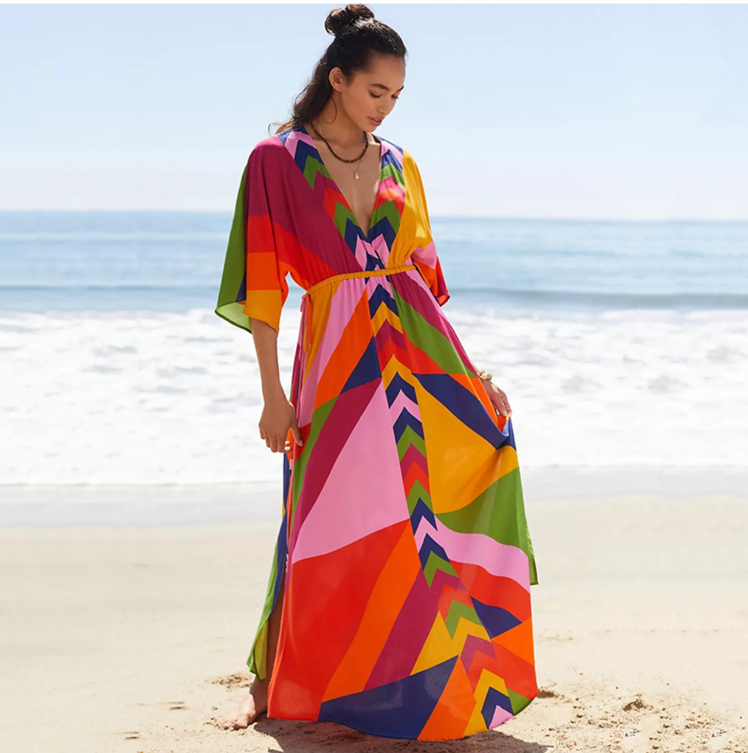 Geometric Chevron Print Deep V Kimono Sleeve Drawstring Waist Maxi Dress