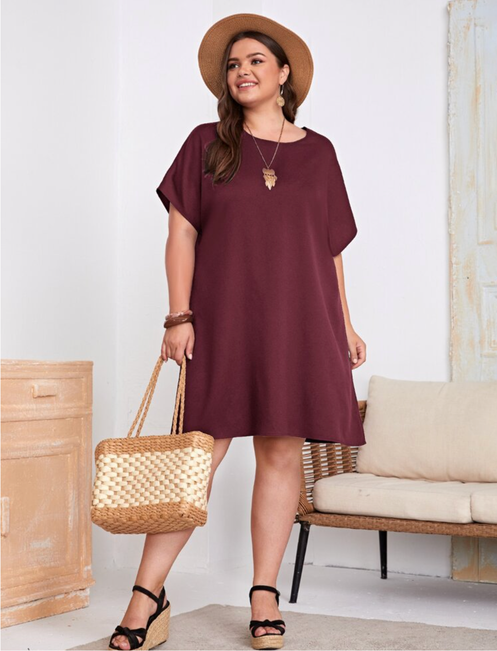 Crew Neck Batwing Sleeve Curved Hem Shift Mini Dress