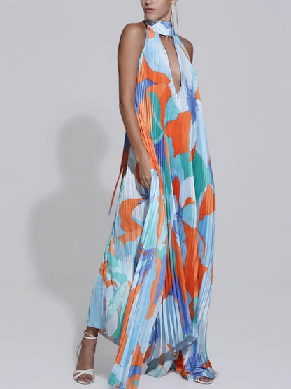Pleated Halter Deep V-Neck Abstract Print Oversized Maxi Dress