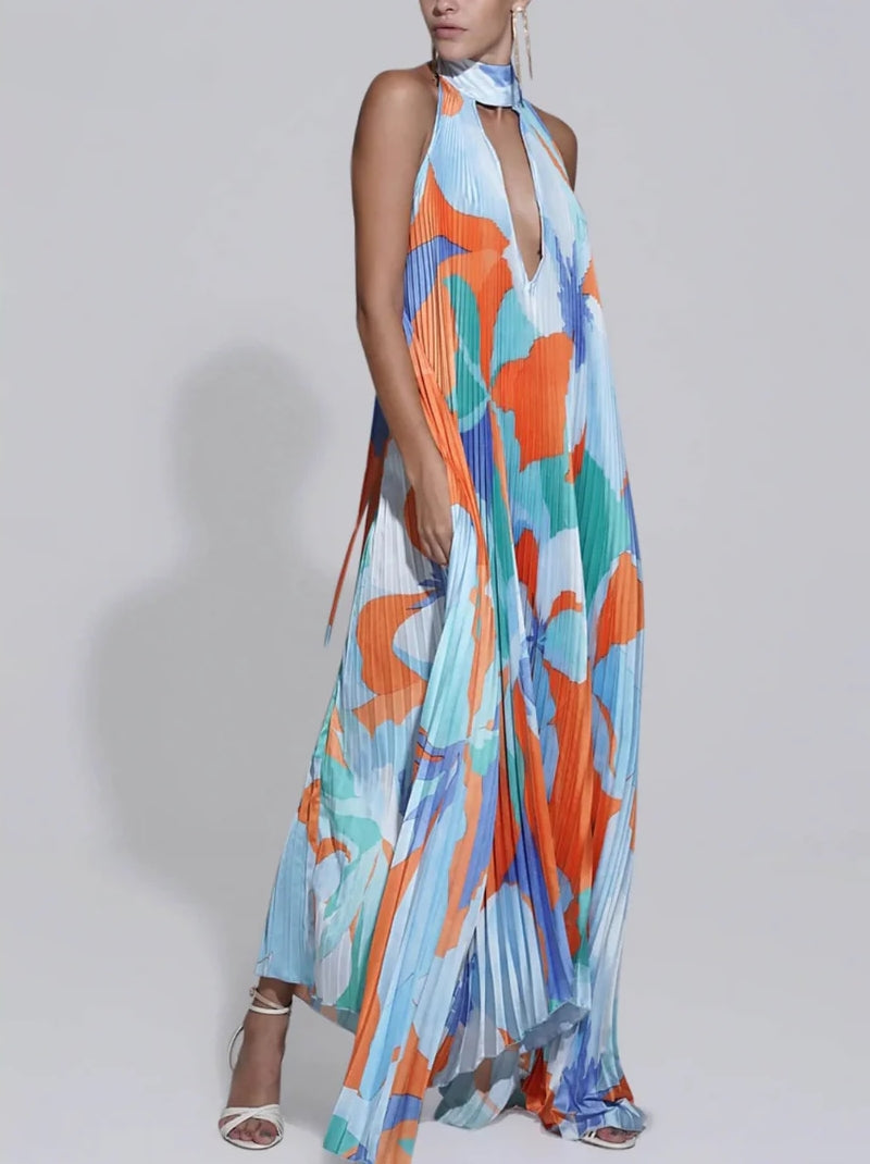 Plisse Halter Deep V-Neck Abstract Print Flowy Maxi Dress