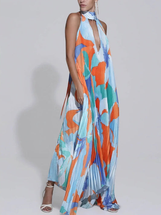 Plisse Halter Deep V-Neck Abstract Print Flowy Maxi Dress