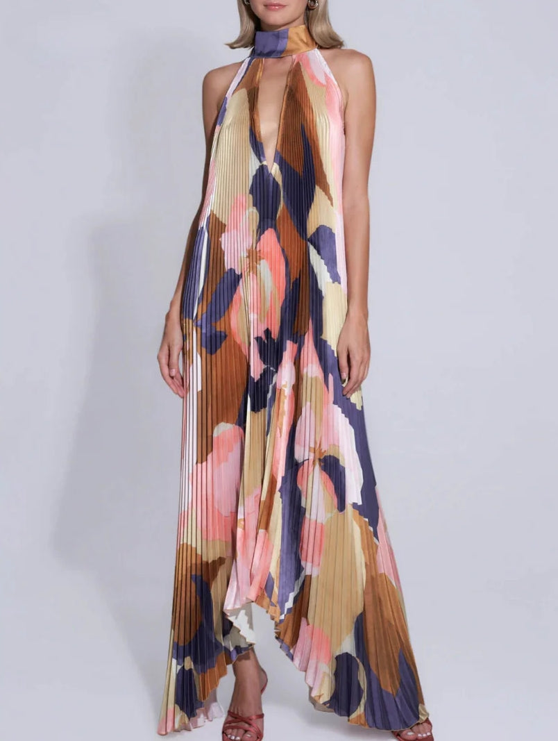 Pleated Halter Deep V-Neck Abstract Print Oversized Maxi Dress
