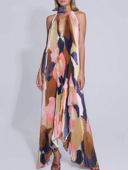 Pleated Halter Deep V-Neck Abstract Print Oversized Maxi Dress