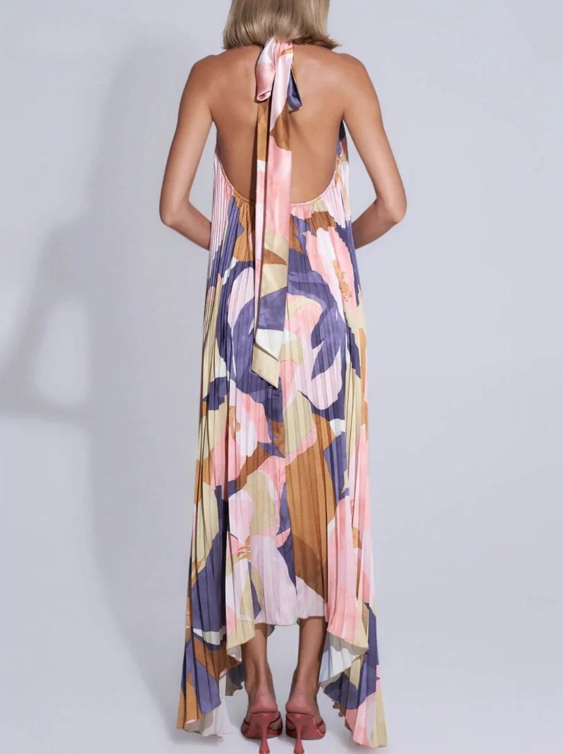 Pleated Halter Deep V-Neck Abstract Print Oversized Maxi Dress