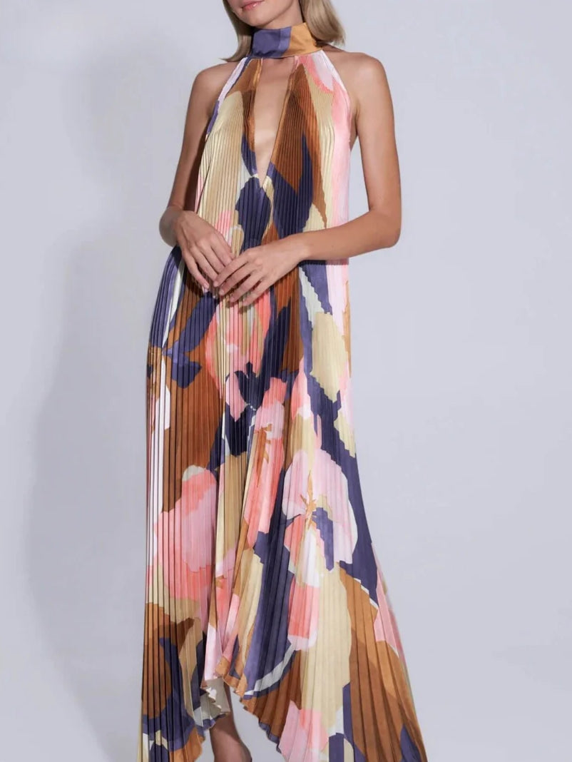 Pleated Halter Deep V-Neck Abstract Print Oversized Maxi Dress